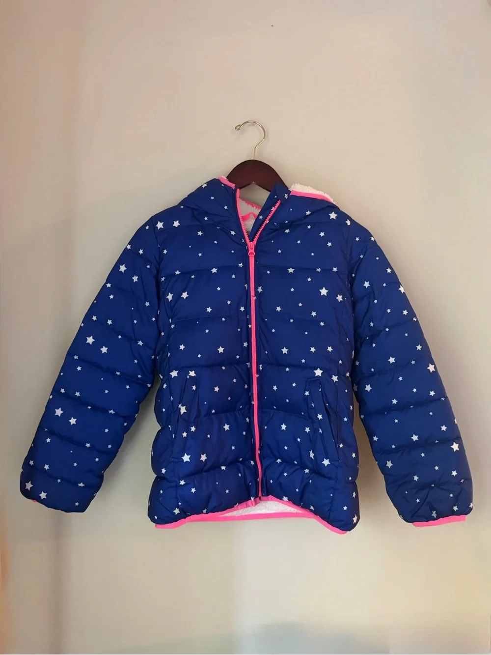 GAP Kids | Blue Star Print Sherpa Lined Puffer Jacket Hooded | XL
